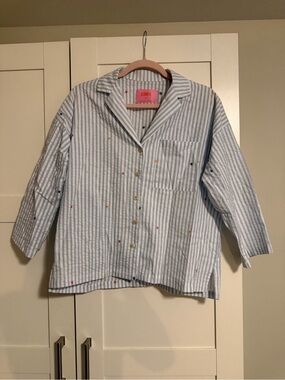 STARTER Light Blue & White Striped Button-Up Top with Multicolor Accents